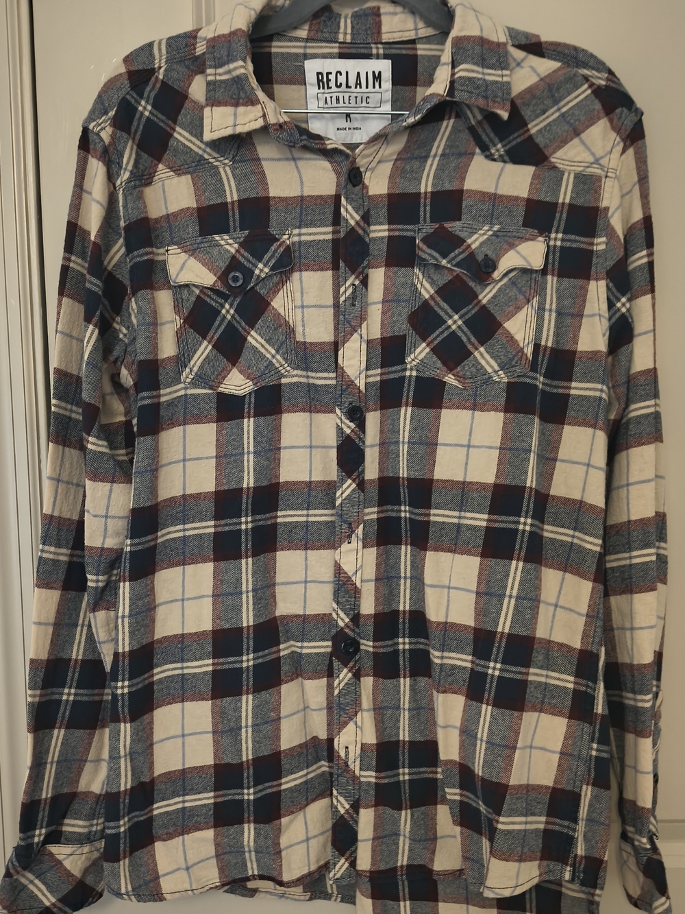 Men's Plaid Button-Up Shirt in Cream, Navy & Brown